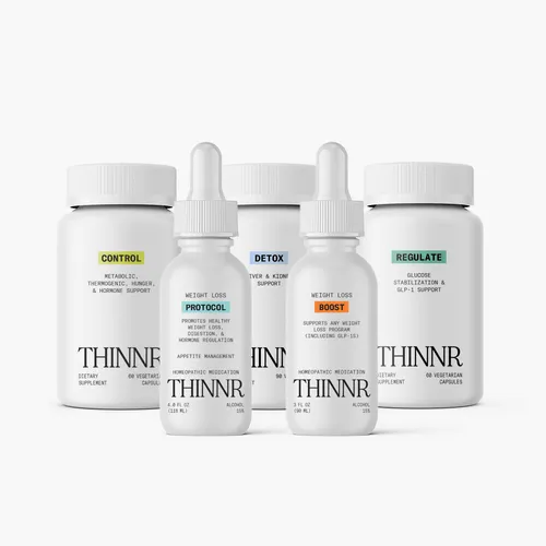 THINNR weight loss supplement product line featuring Control, Detox, Protocol, Boost, and Regulate formulas